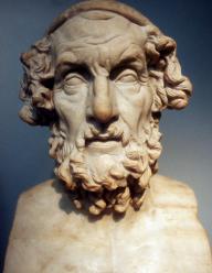 a marble bust of homer, with a beard.
