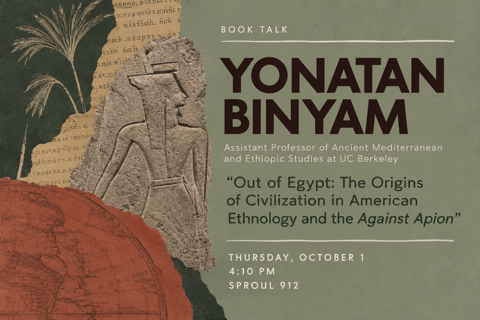 Graphic poster for Yonatan Binyam book talk showing Egyptian statue, palm, and desert collage