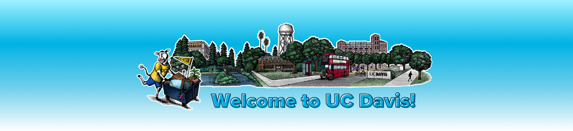 Art of UC Davis and a cow riding a bicycle.