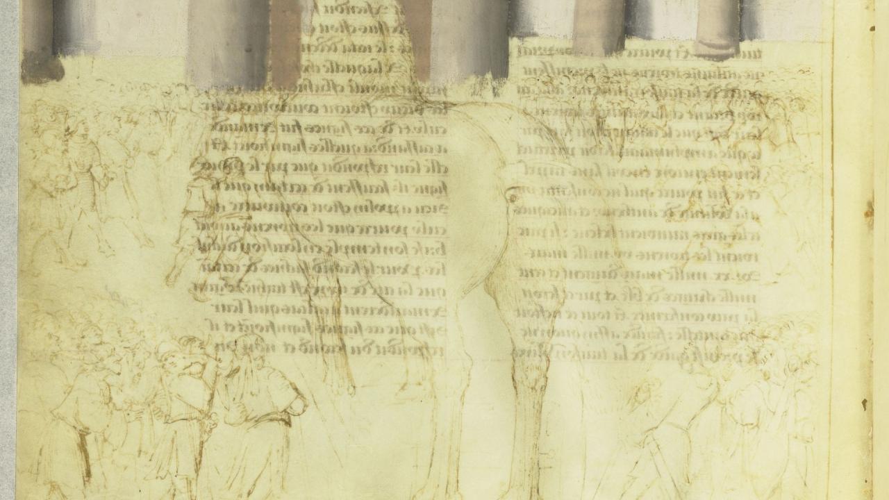 Illuminated manuscript page showing a walled medieval city with towers and a hilltop castle