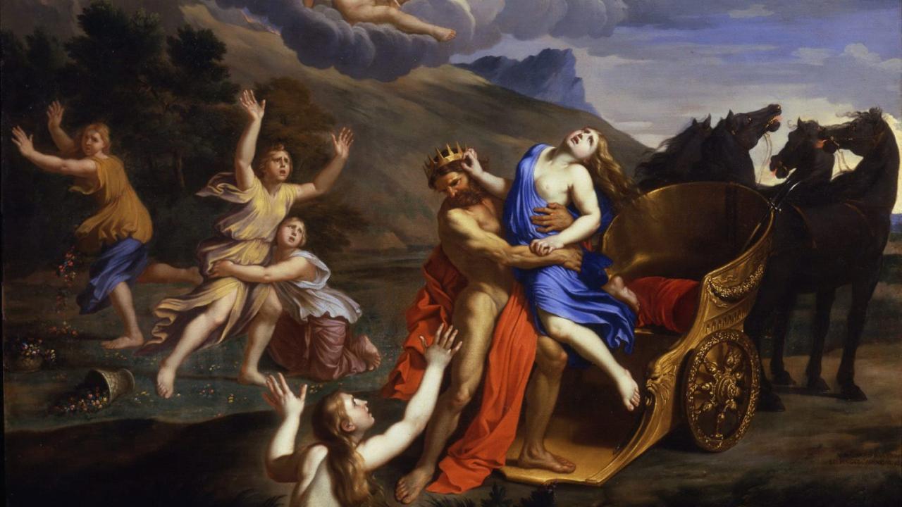 A dramatic reinassance painting of a king stealing a woman while many watch in anguish