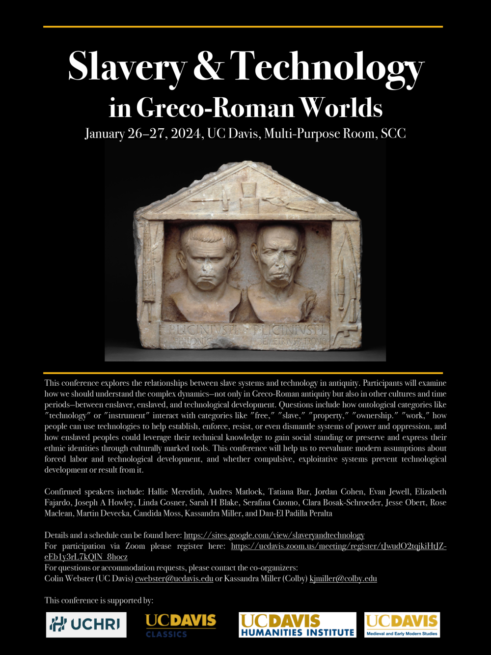 A flyer for the upcoming event, with an ancient statue. The text of the poster is written out above.
