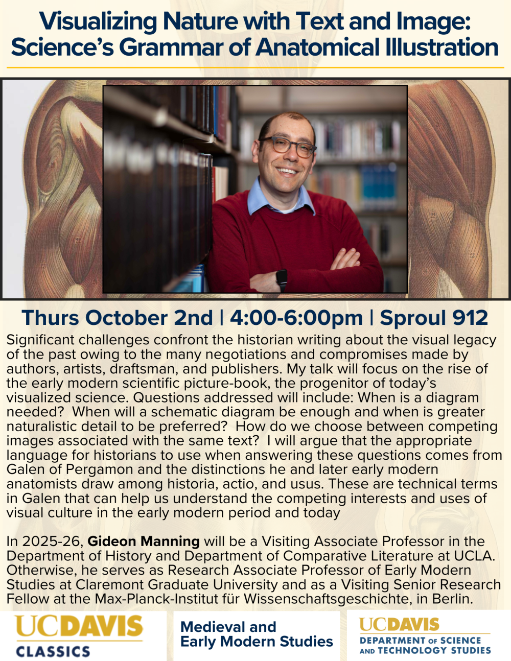 A flyer for the upcoming event, with a photo of the speaker and an anatomical drawing of a human body.