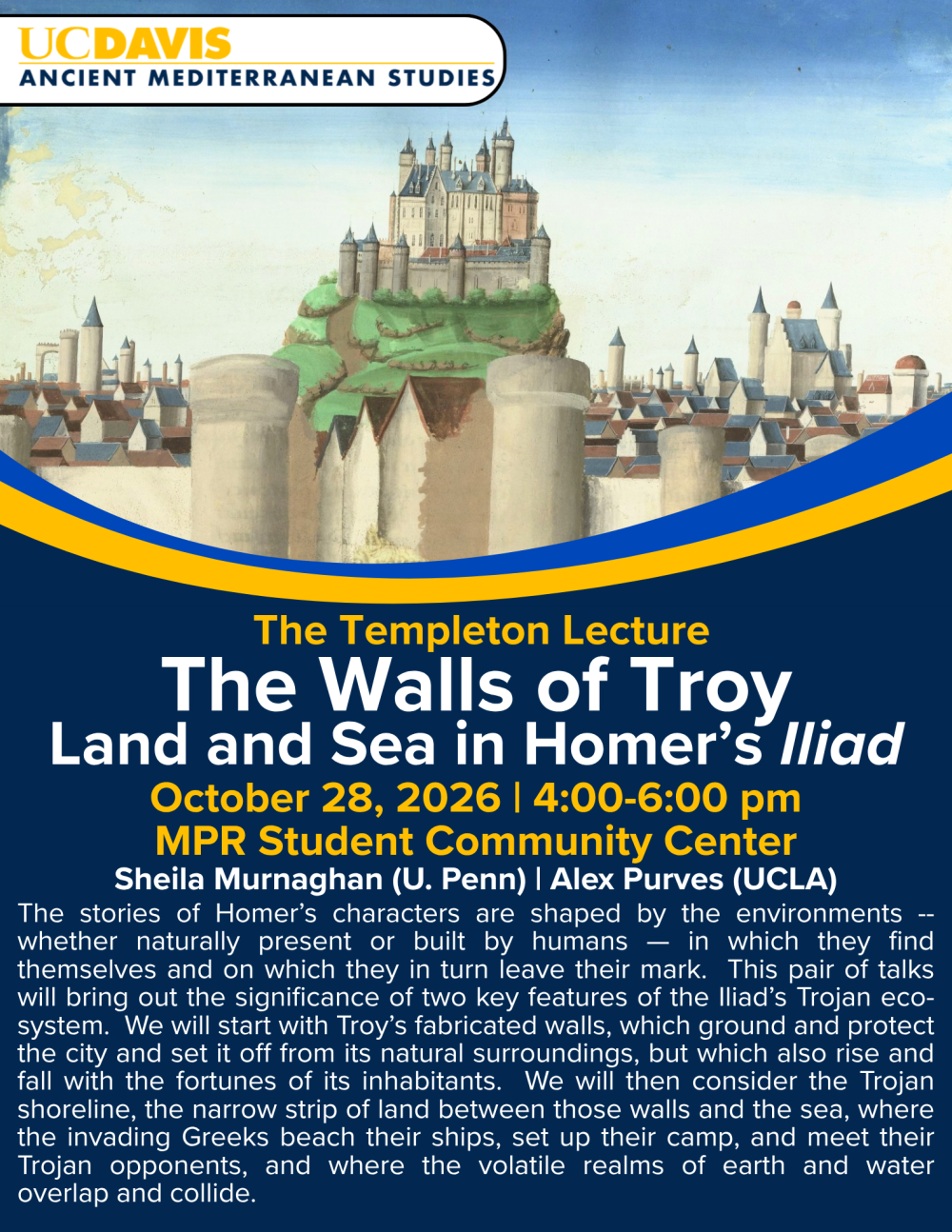 UC Davis lecture poster: stylized coastal citadel and ships for Walls of Troy talk