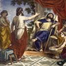 Historical painting: bearded prophet confronting seated king with attendants